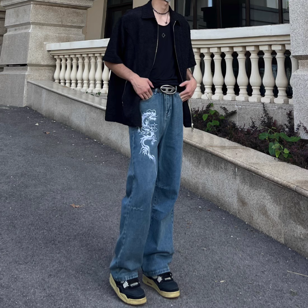 BAGGOUT Street Letters Dragon Embroidered Jeans