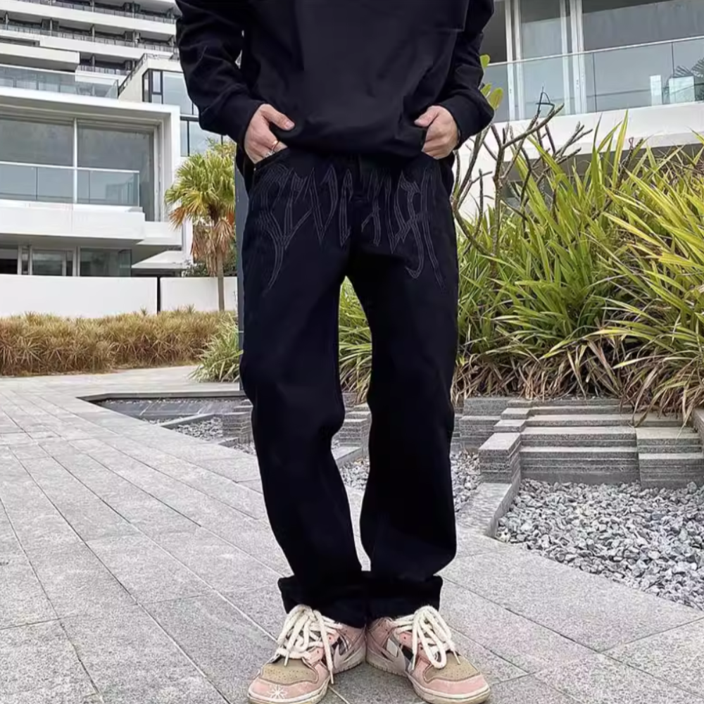 Black Plain Letter Embroidery Straight Jeans