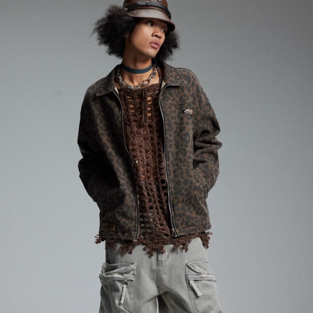 Retro Leopard Print Distressed Jacket