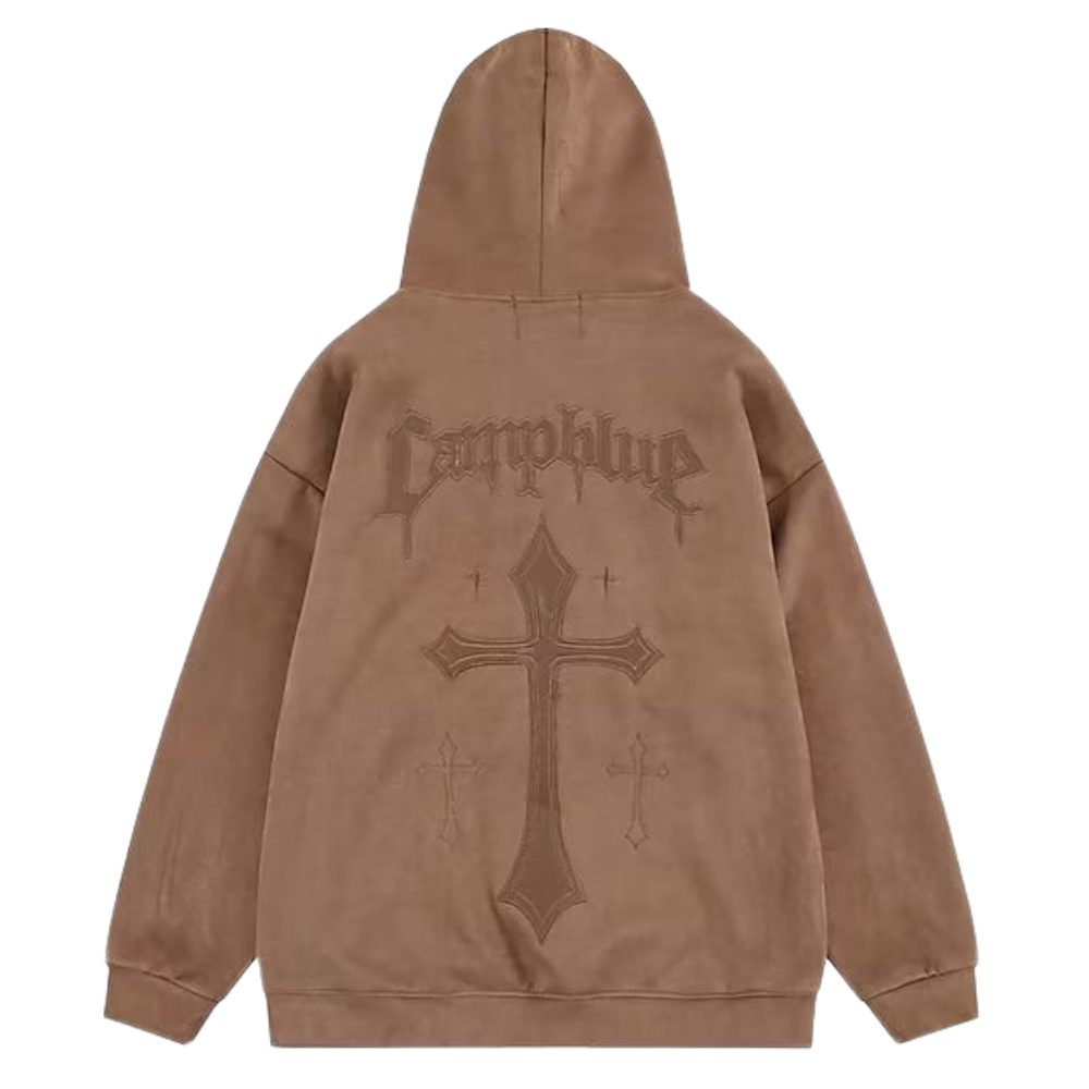 Cross Embroidered Suede Hoodie