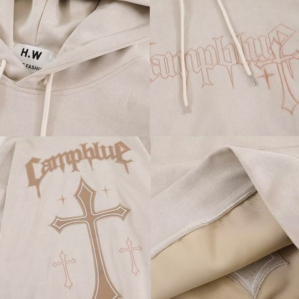 Cross Embroidered Suede Hoodie