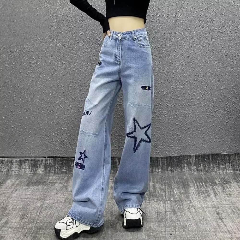 Women's High Street Letter Star Embroidered Jeans