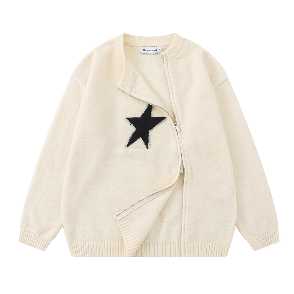 Solid Color Star Zipper Pullover Sweater