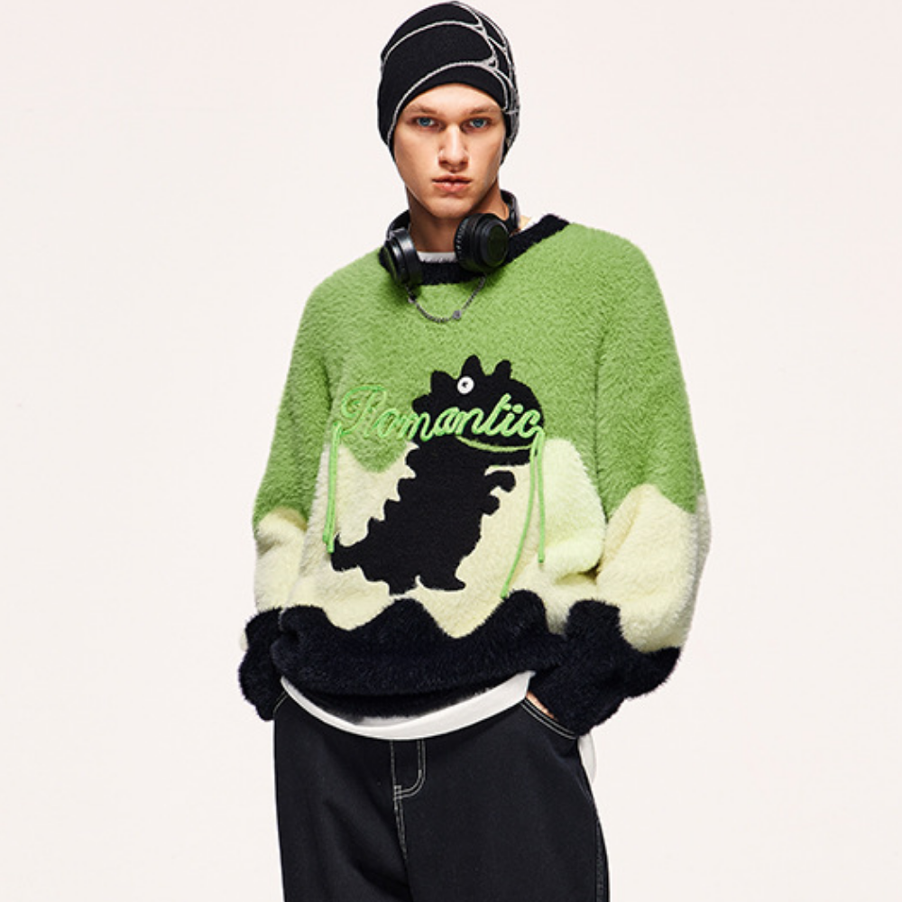 Wave Contrast Color Little Dinosaur Sweater