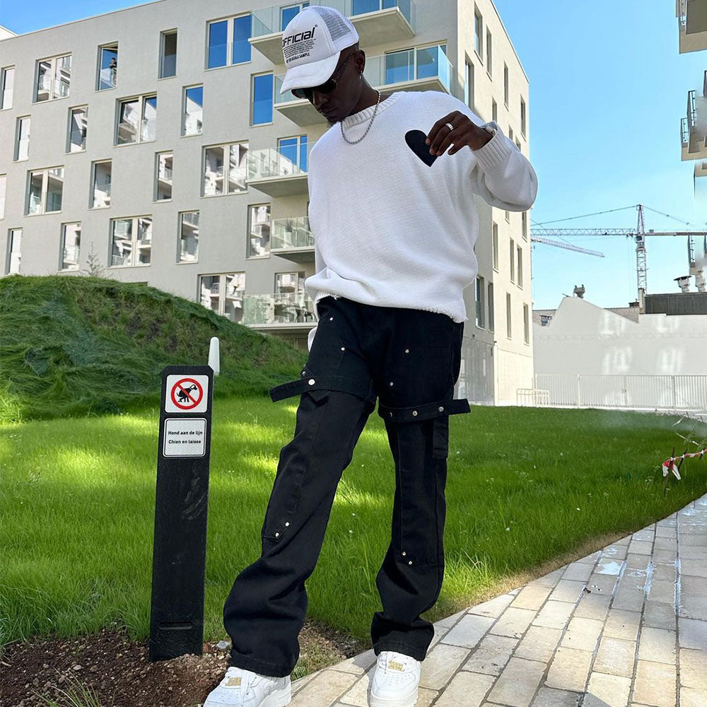 Street Rivet Bandage Belted Straight Jeans
