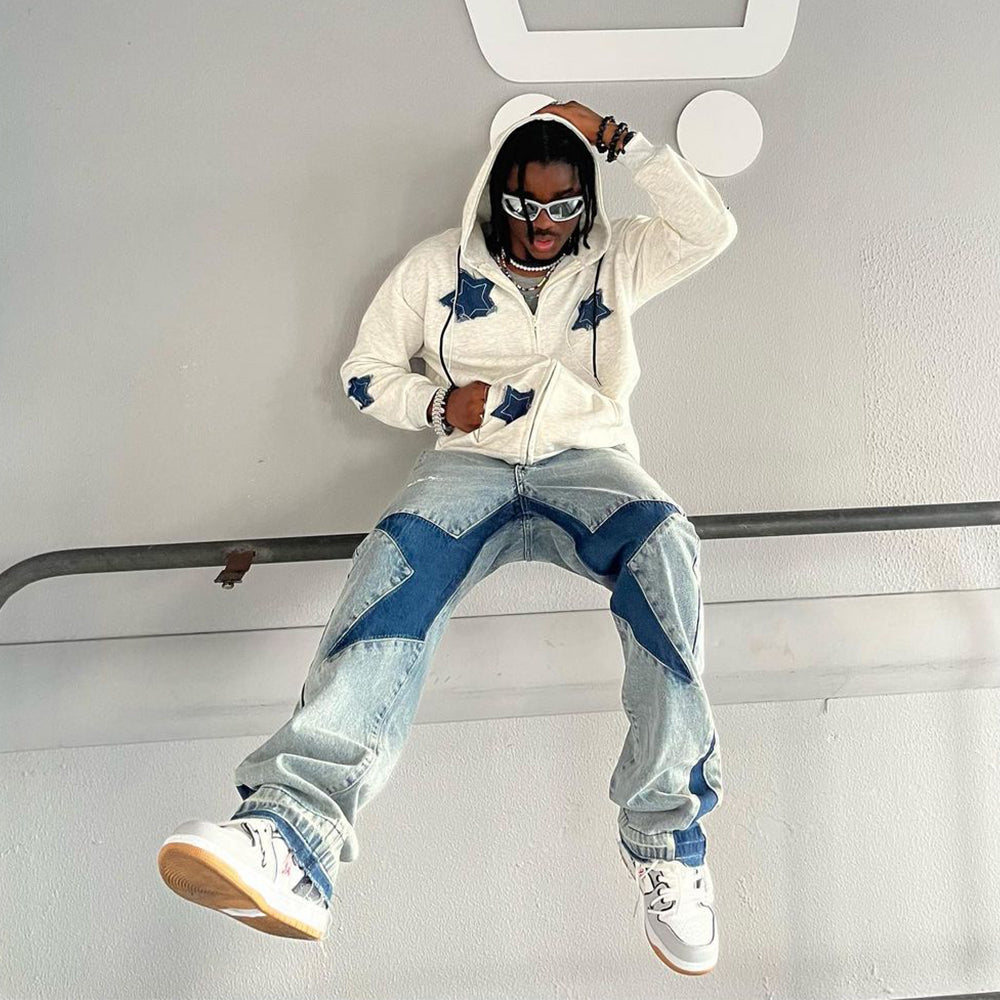 Urban Denim Star Patchwork Cotton Hoodie