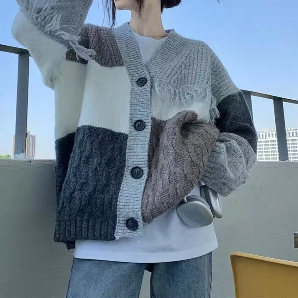 Women's Patchwork Fringed Knitted Cardigan