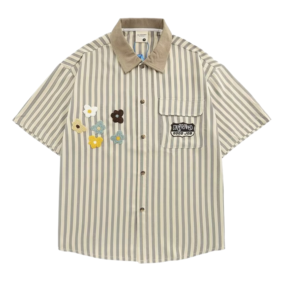 Preppy Stripe Floral Embroidered Shirt