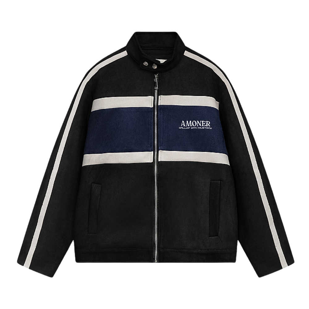 Contrast Stripe Suede Motorcycle Jacket