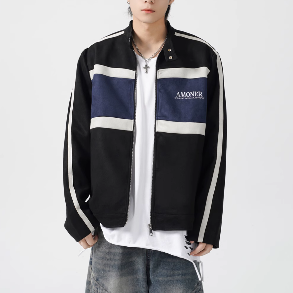 Contrast Stripe Suede Motorcycle Jacket