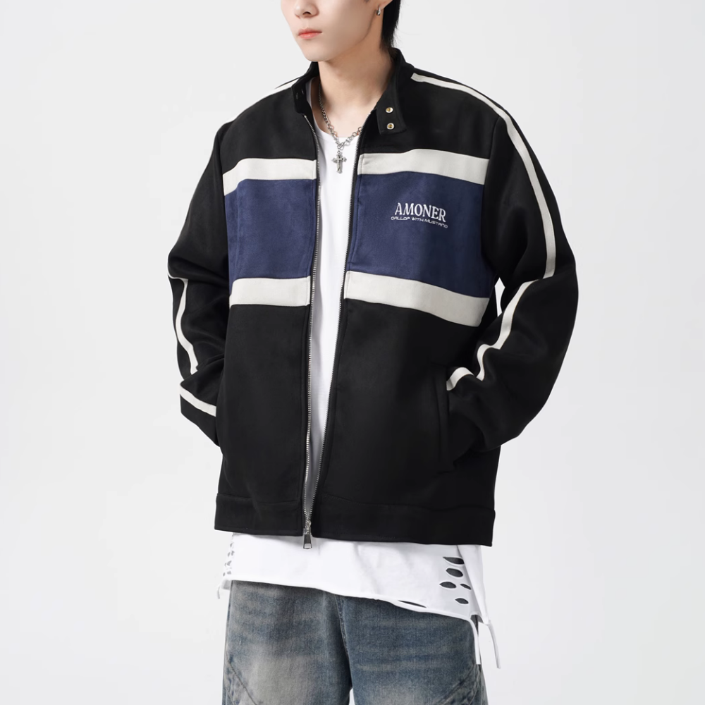 Contrast Stripe Suede Motorcycle Jacket