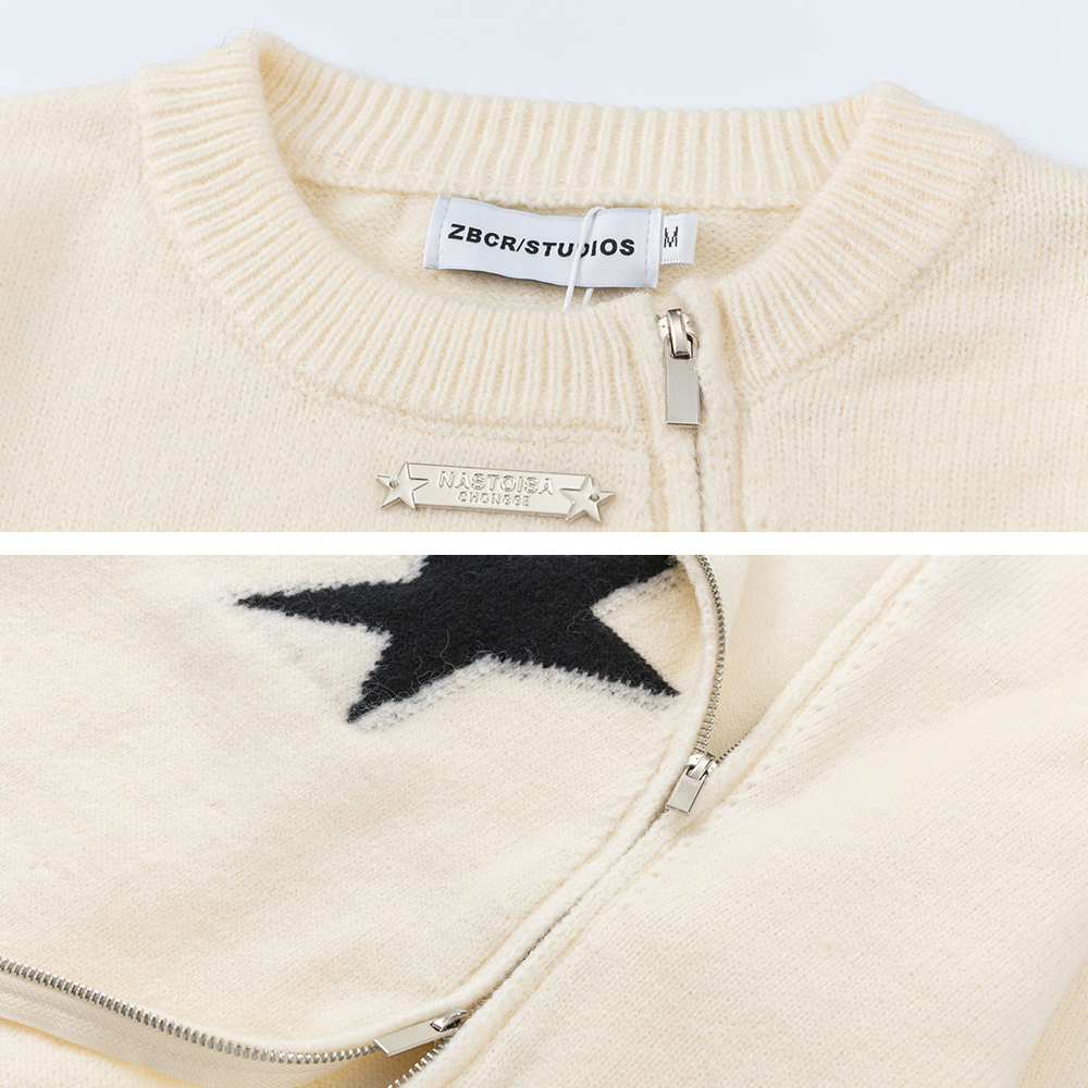 Solid Color Star Zipper Pullover Sweater