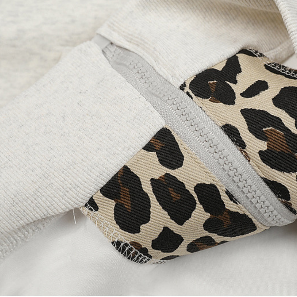 Designer Ear Leopard Print Zip Hoodie