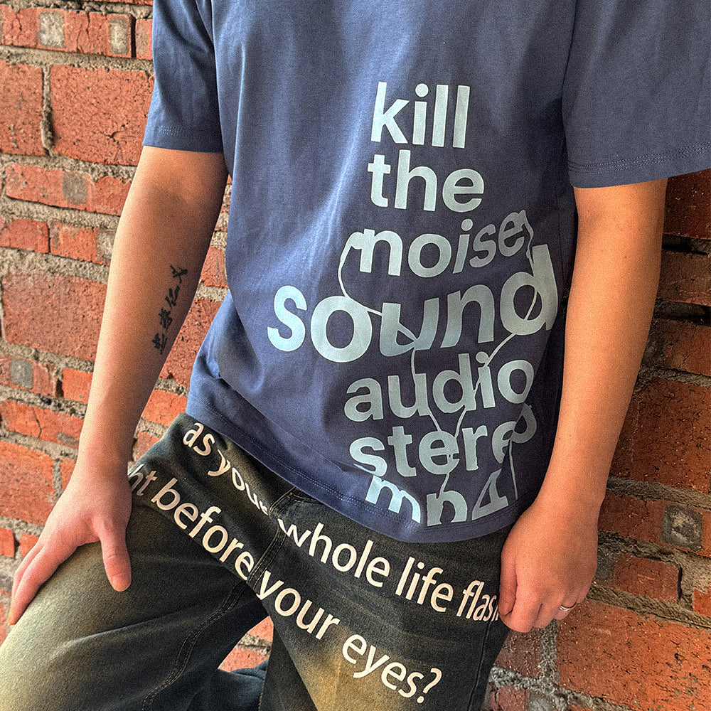 Unseen Echoes Melancholy Trend Letters Earphone Retro T-shirt