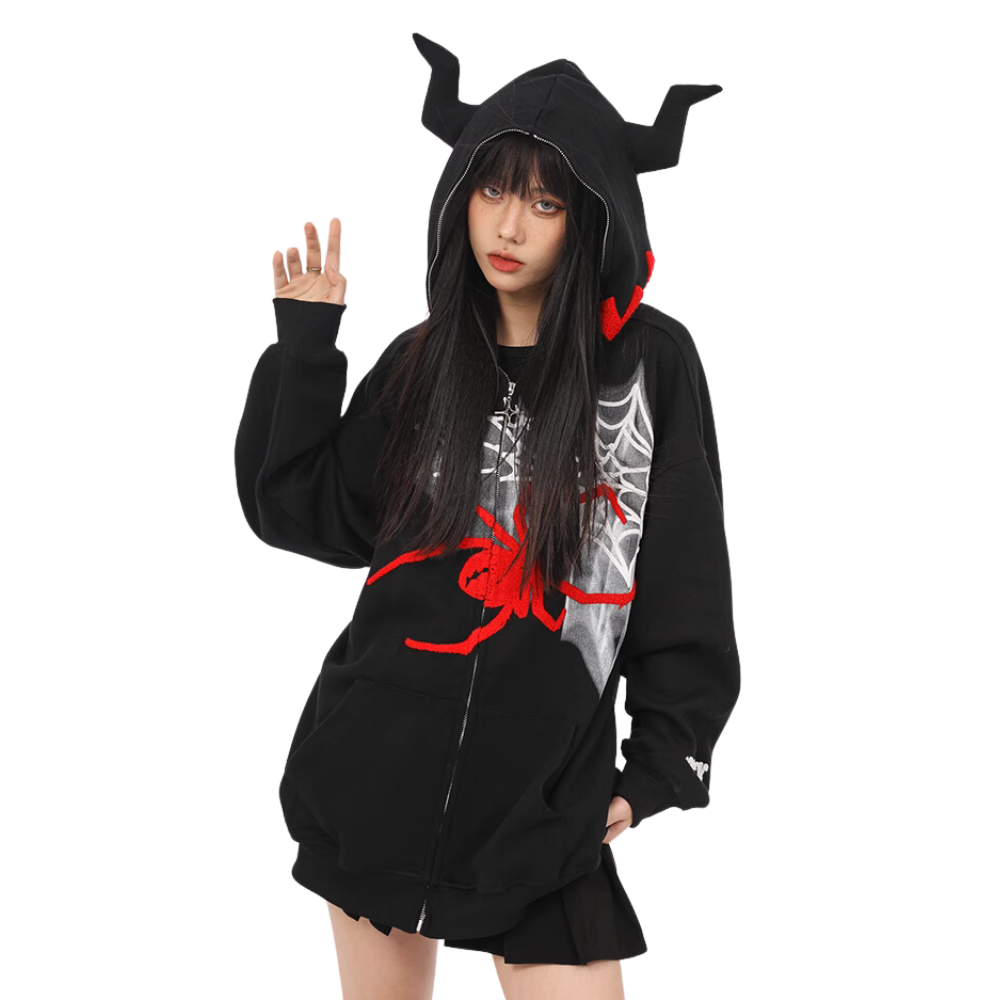 Devil Horn Spider Embroidered Hoodie
