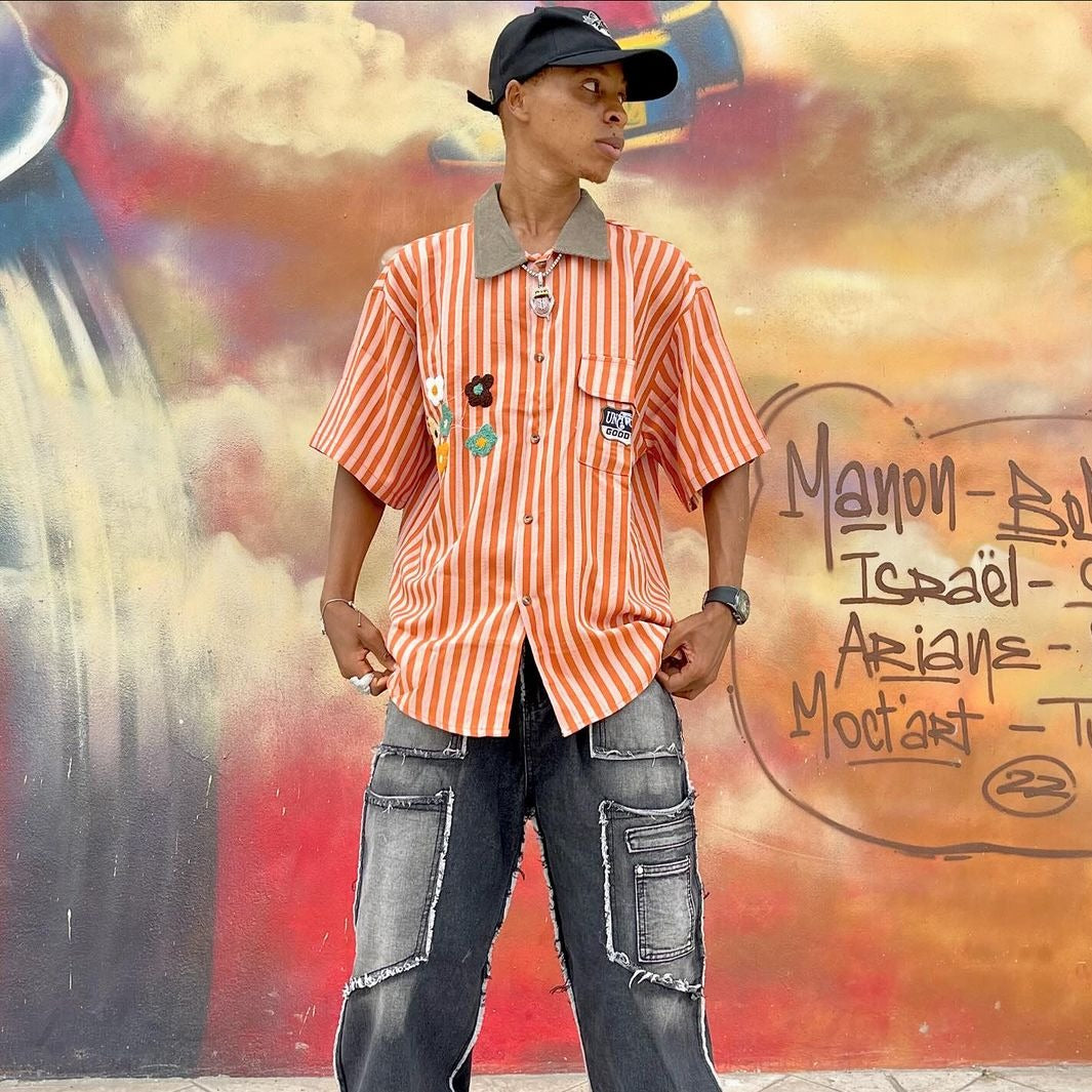 Preppy Stripe Floral Embroidered Shirt