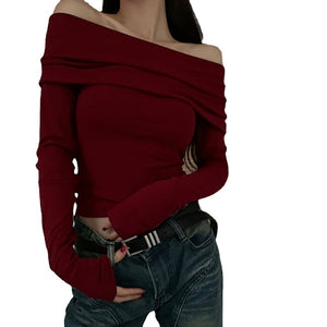 Women's Retro Red One Shoulder Long Sleeve