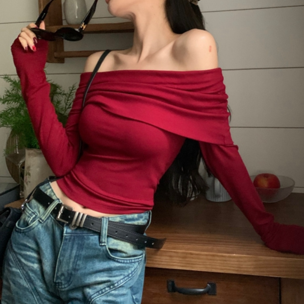 Women's Retro Red One Shoulder Long Sleeve