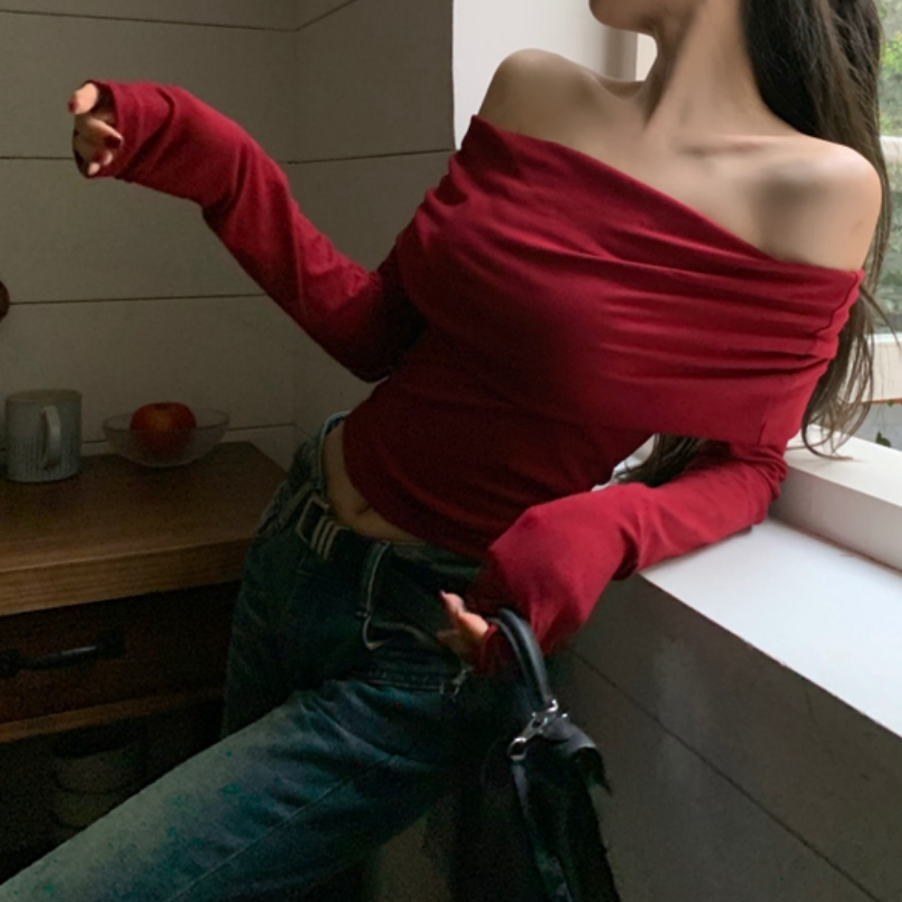 Women's Retro Red One Shoulder Long Sleeve