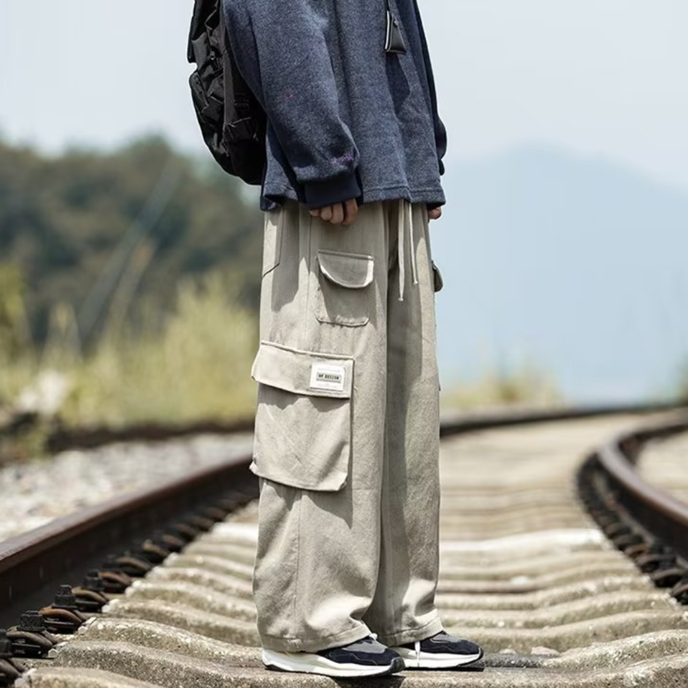 Casual Large Pocket Drawstring Straight-Leg Cargo Pants