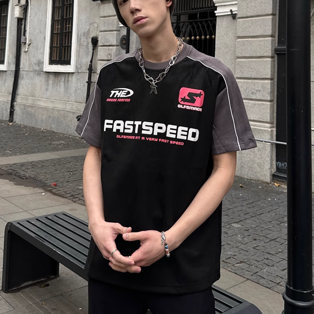Suede Patchwork Letter T-Shirt