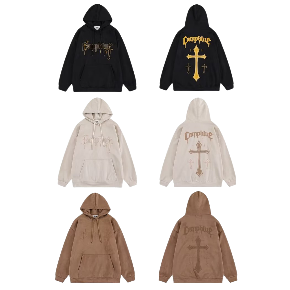 Cross Embroidered Suede Hoodie