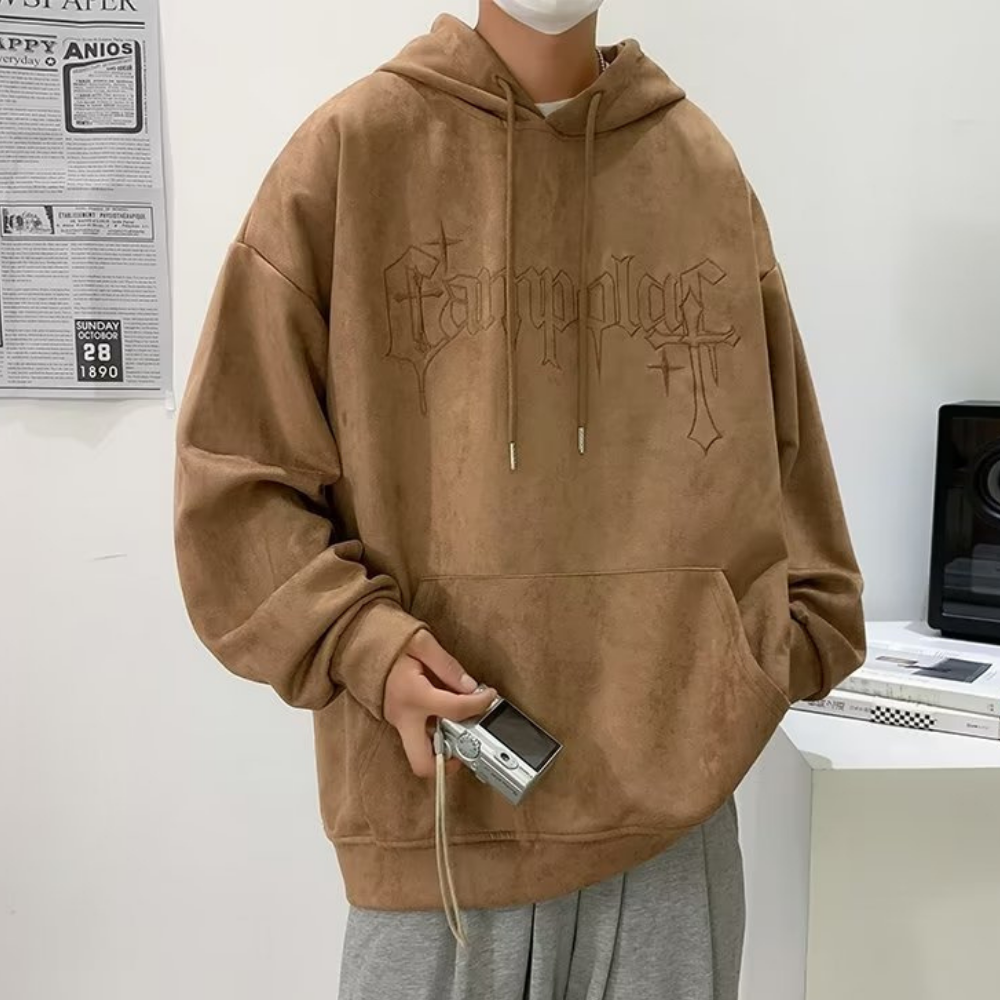 Cross Embroidered Suede Hoodie