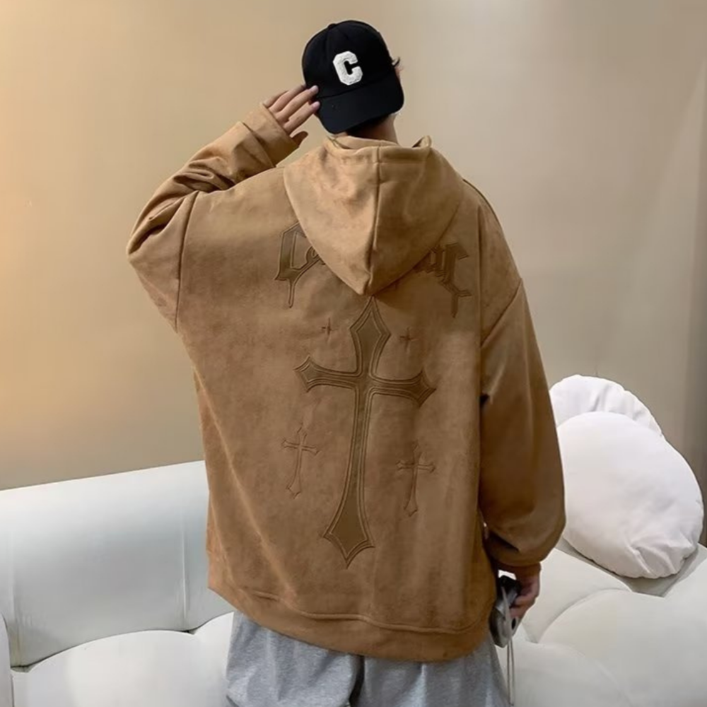 Cross Embroidered Suede Hoodie