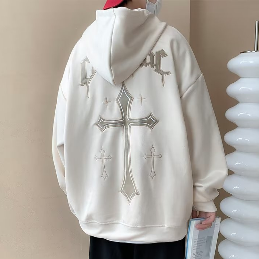 Cross Embroidered Suede Hoodie