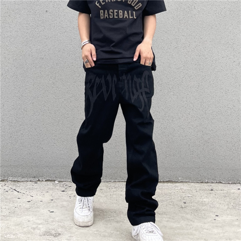 Black Plain Letter Embroidery Straight Jeans