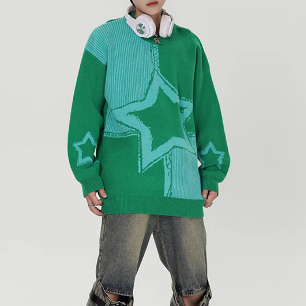 Retro Star Knit Patchwork Sweater