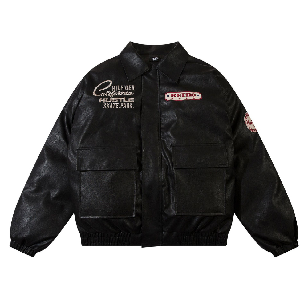 Letter Embroidered Lapel Leather Coat
