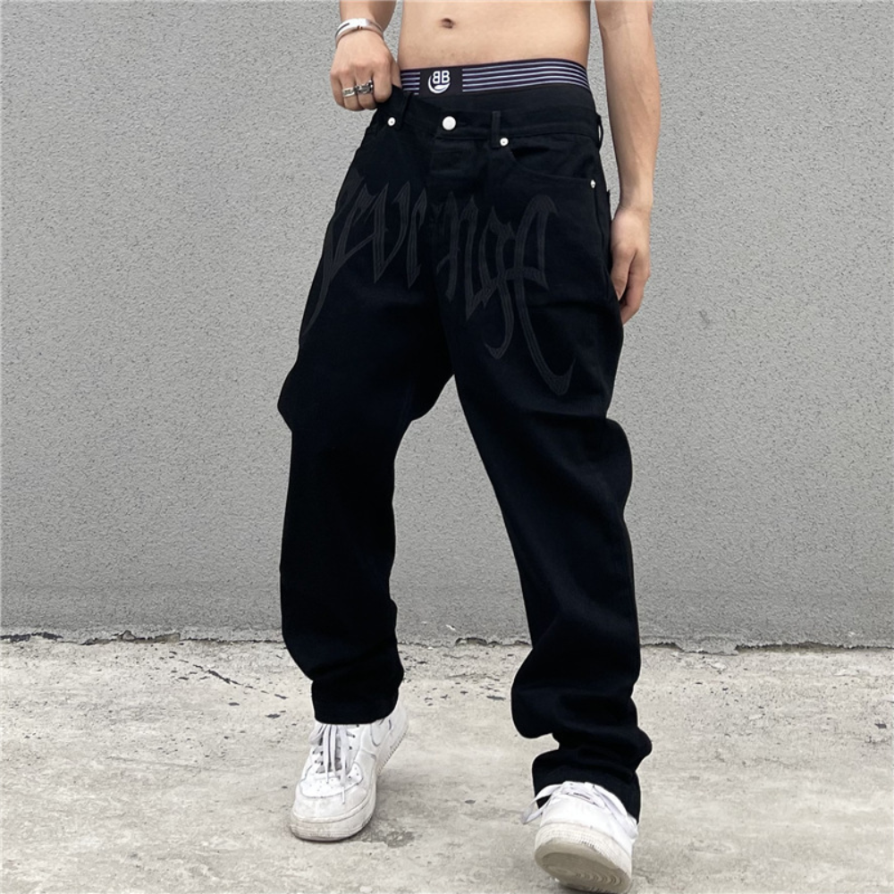 Black Plain Letter Embroidery Straight Jeans