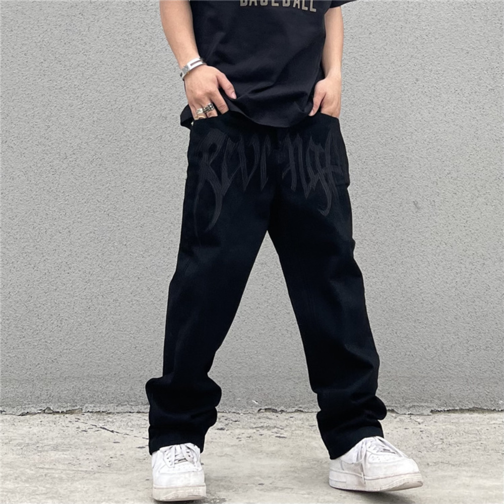 Black Plain Letter Embroidery Straight Jeans