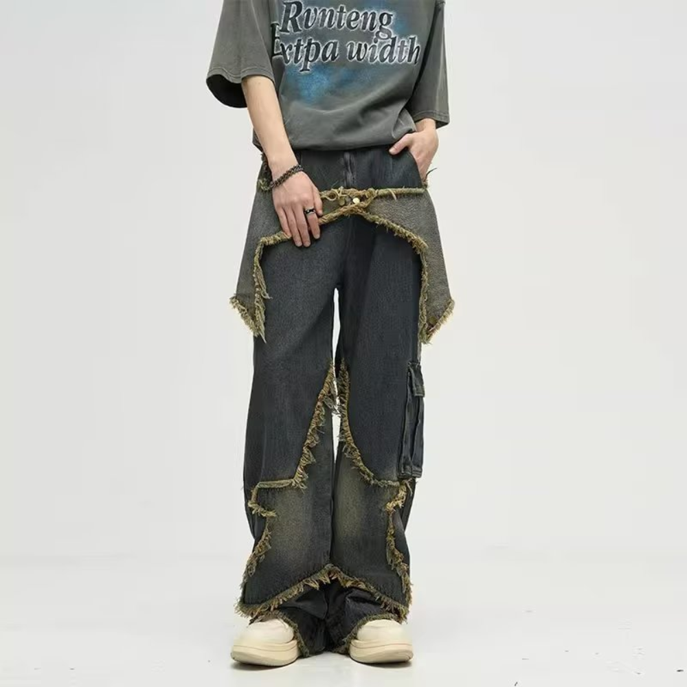 🔥High Street Pentagram Patched Raw Edge Jeans