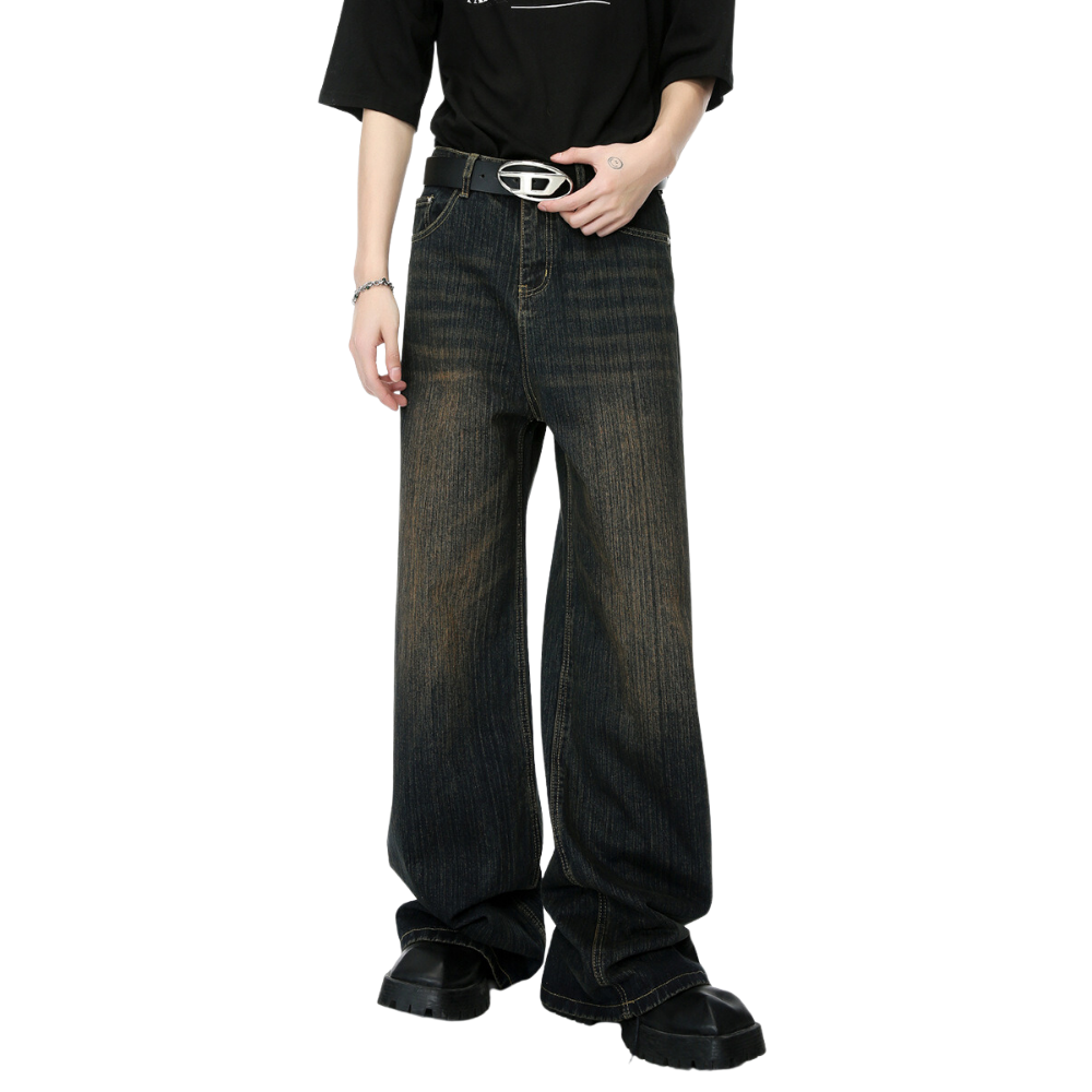 Retro Heavy Industry Slub Pattern Washed Jeans