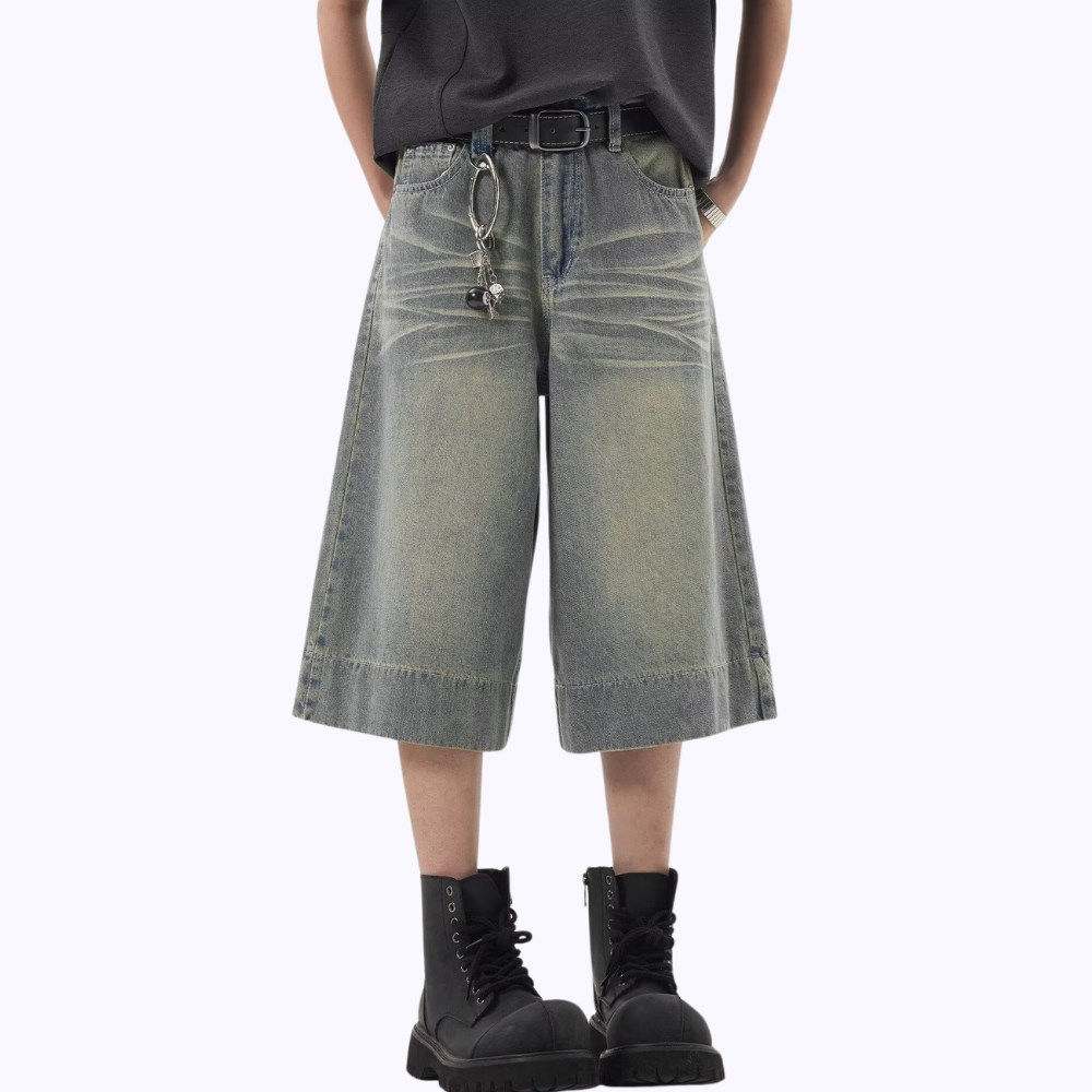 Distressed Whiskered Denim Shorts