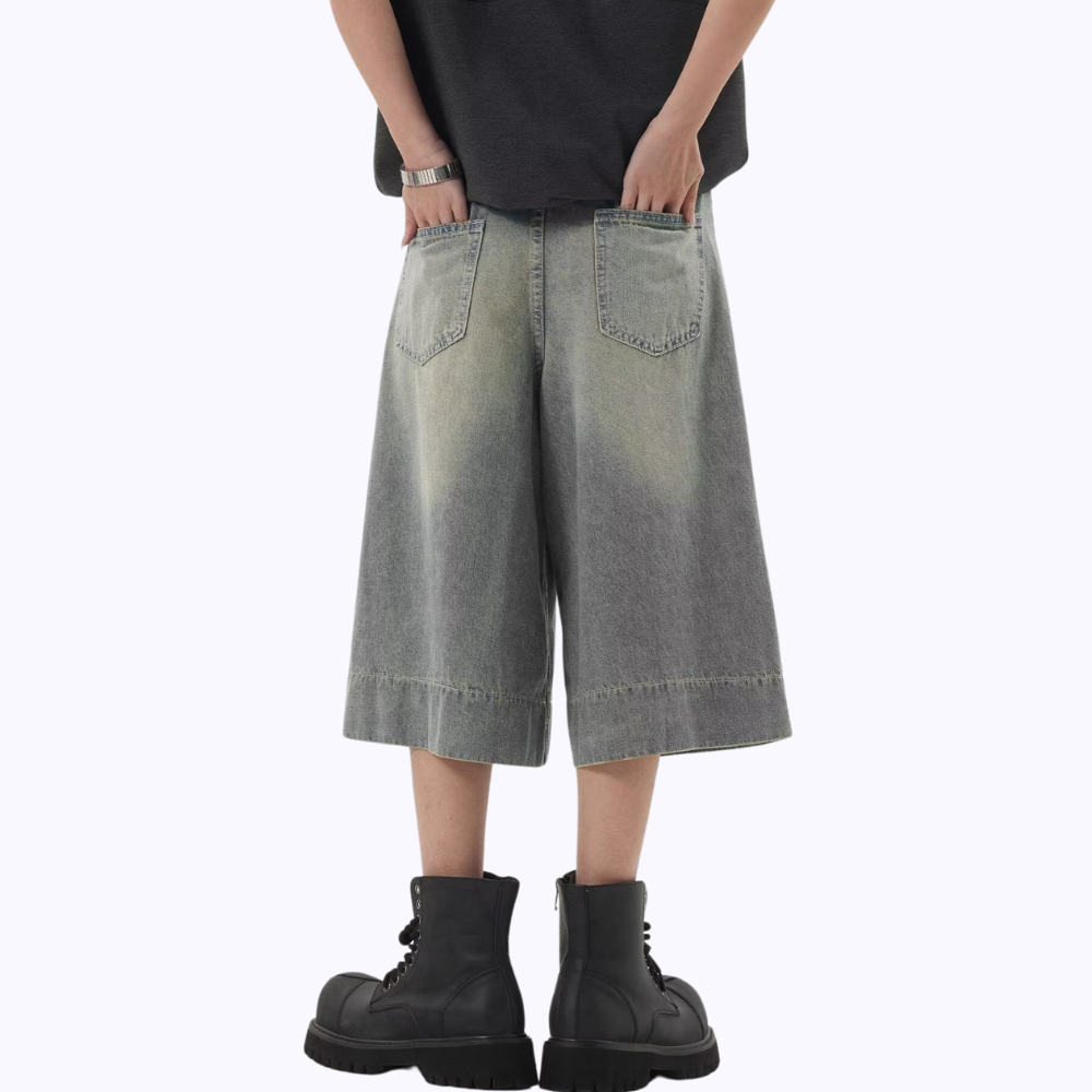 Distressed Whiskered Denim Shorts