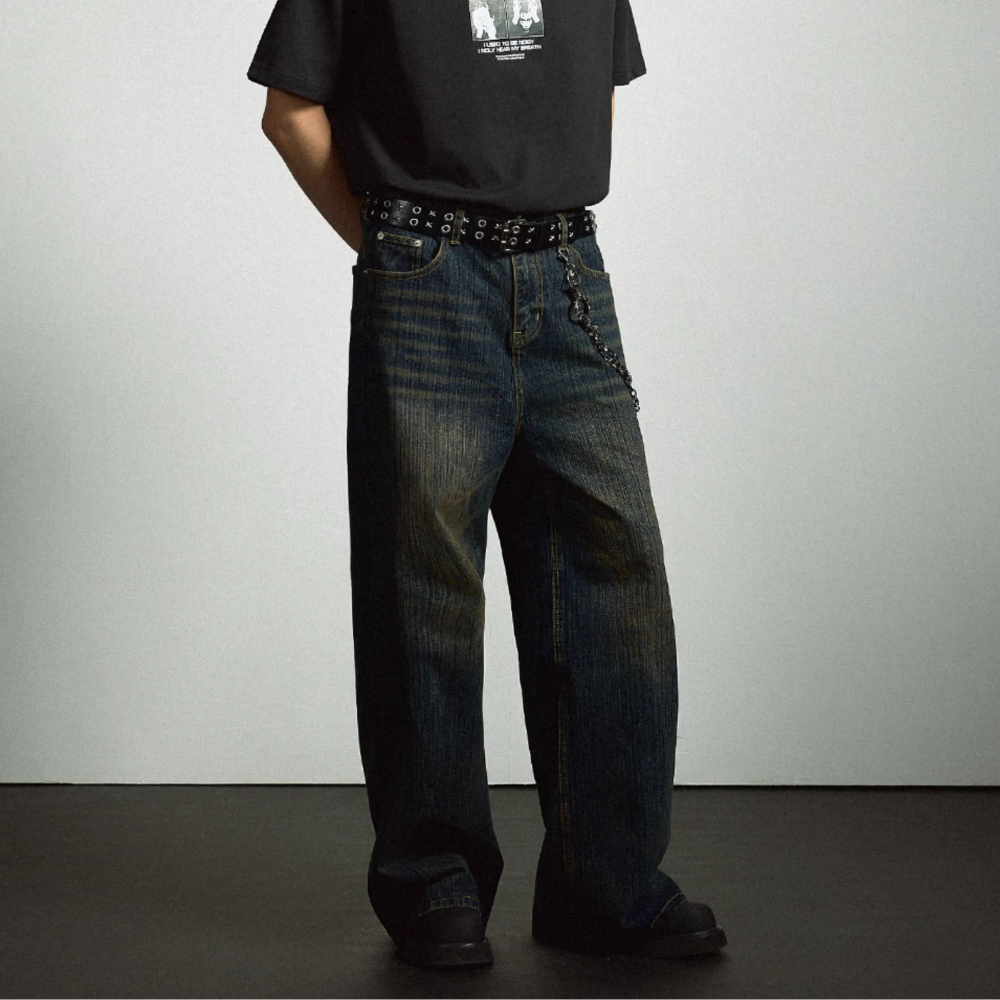 Retro Heavy Industry Slub Pattern Washed Jeans