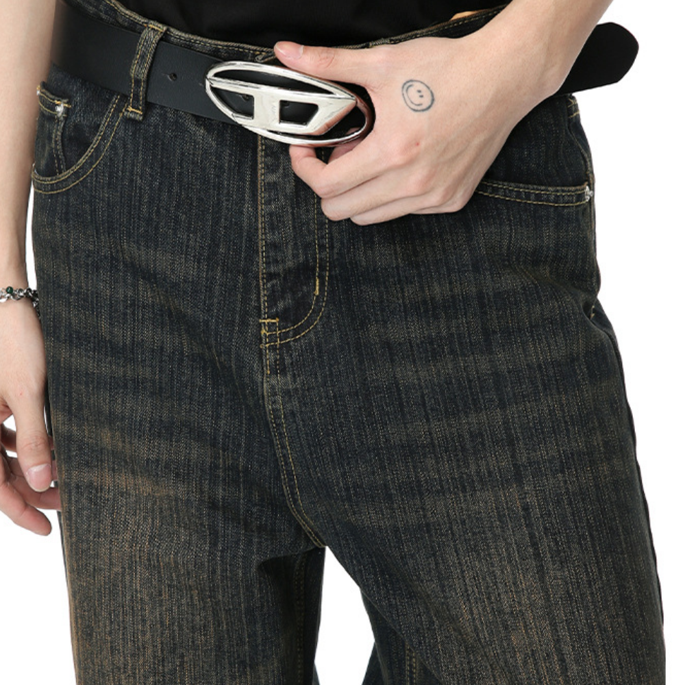 Retro Heavy Industry Slub Pattern Washed Jeans