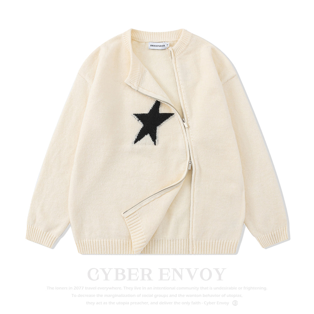 Cyber Envoy | Solid Color Star Zipper  Pullover Sweater