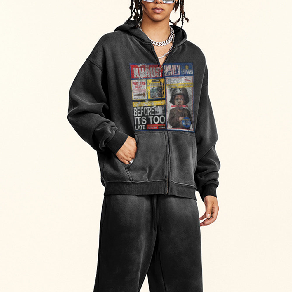 Vintage Washed “Chaos Daily” Newspaper Graphic Zip Hoodie