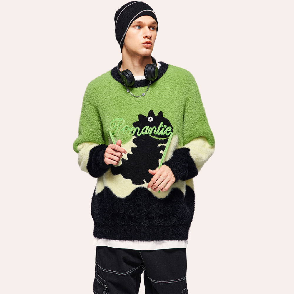 Wave Contrast Color Little Dinosaur Sweater