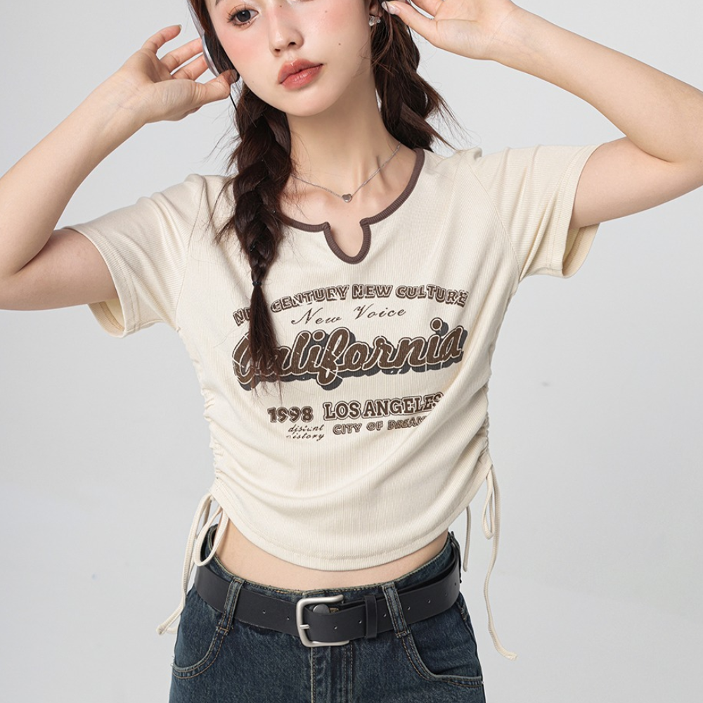 Women's Vintage Letter Drawstring T-shirt
