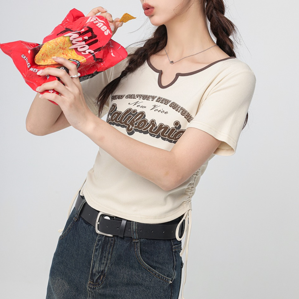 Women's Vintage Letter Drawstring T-shirt