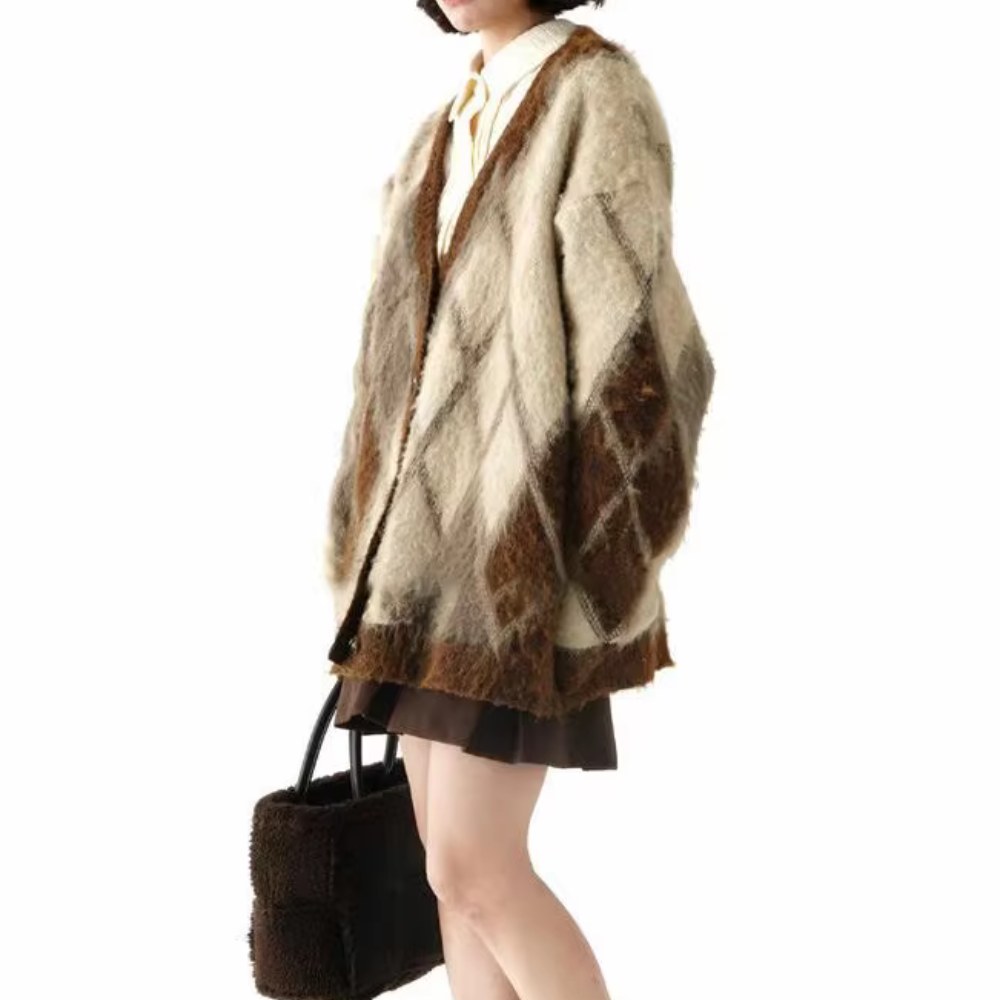 Women's Retro Seahorse Hair Contrast Knitted Cardigan