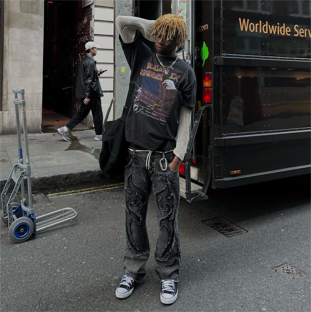 Retro Flame Patchwork Straight Fading Jeans