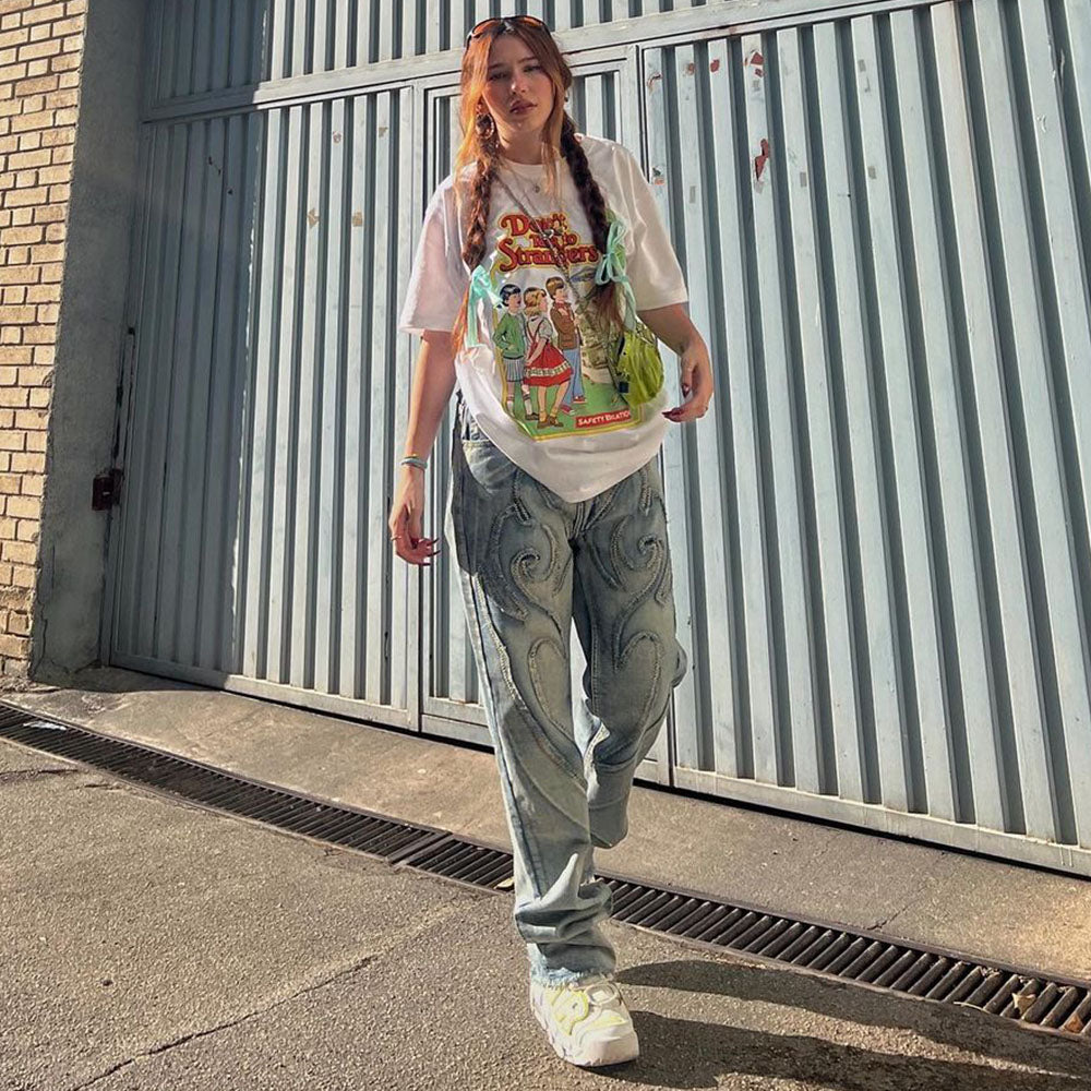 Retro Flame Patchwork Straight Fading Jeans