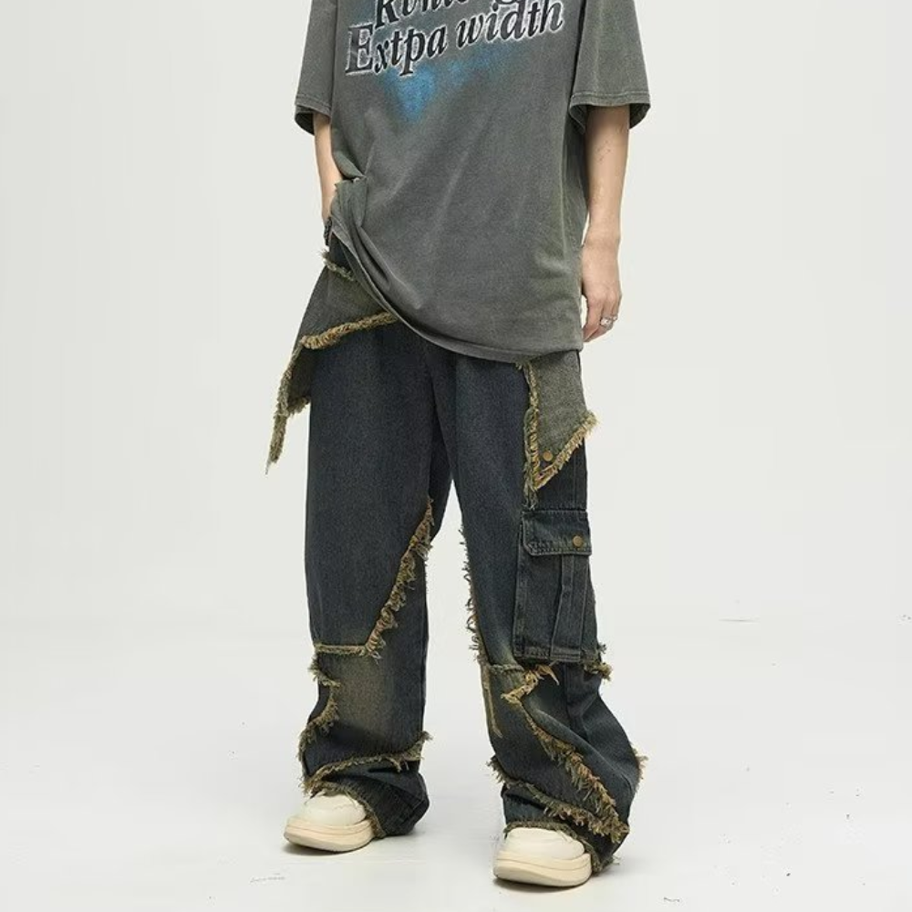 🔥High Street Pentagram Patched Raw Edge Jeans