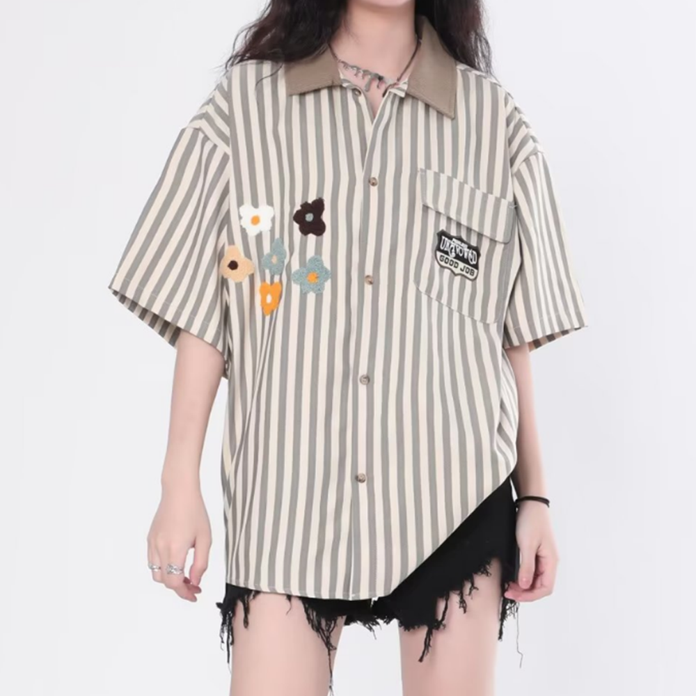 Preppy Stripe Floral Embroidered Shirt
